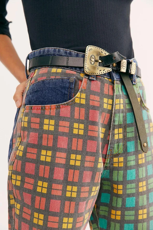 Women HighRise Jeans Free People The Ragged Priest Mix Check Mom Jeans Plaid