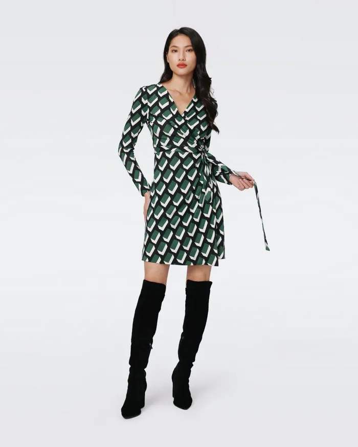 Women Jazmine Silk Jersey Wrap Dress Huge Blocks Green DVF Dresses