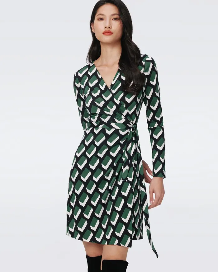 Women Jazmine Silk Jersey Wrap Dress Huge Blocks Green DVF Dresses
