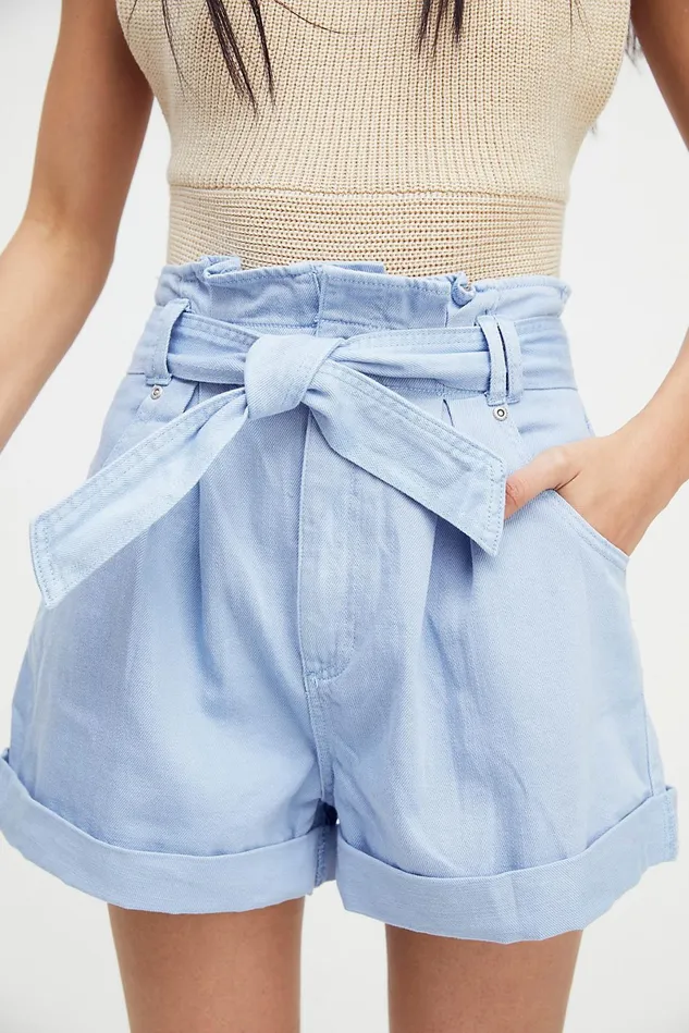 Women Jean Shorts Free People Nova Denim Paperbag Shorts Blue Hydrangea