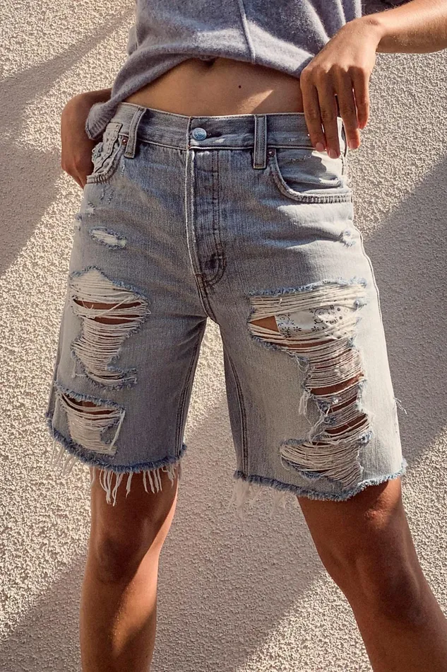 Women Jean Shorts Free People Sequoia Super Destroyed Shorts Bombay Blue