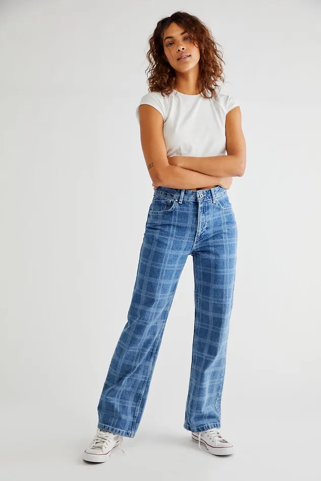 Women Jeans Free People Ragged Dad Jeans Laser Check