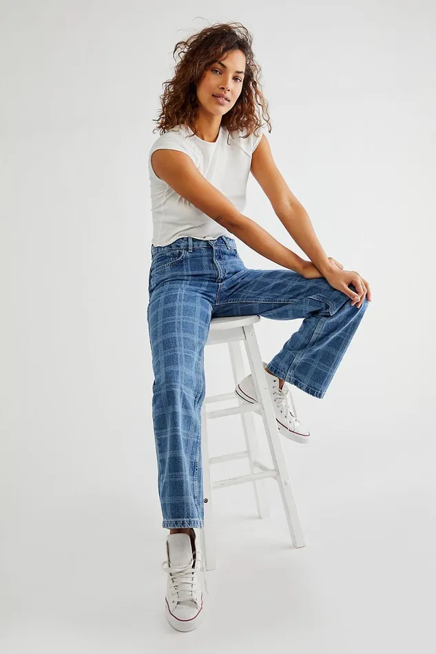 Women Jeans Free People Ragged Dad Jeans Laser Check