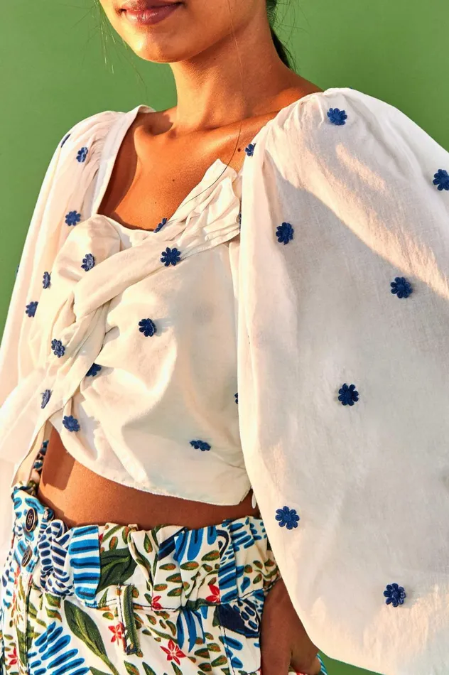Women LONG SLEEVE CROP TOP Blue Flowers Print Offwhite FARM Rio Crop Tops