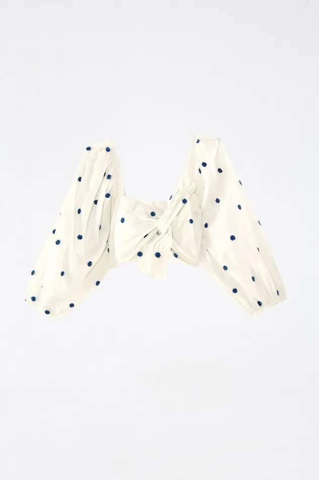 Women LONG SLEEVE CROP TOP Blue Flowers Print Offwhite FARM Rio Crop Tops