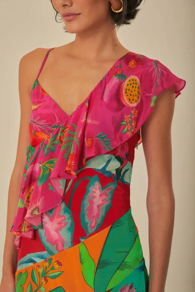 Women Mixed Flowery Rufle One Strap Midi Dress Multi FARM Rio Midi Dresses