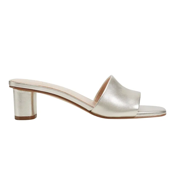 Women Nemmie Heeled Slide Sandal Platino Leather Marc Fisher Mules and Slides