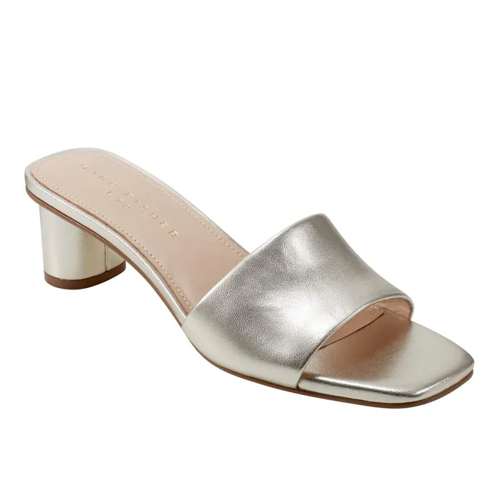 Women Nemmie Heeled Slide Sandal Platino Leather Marc Fisher Mules and Slides