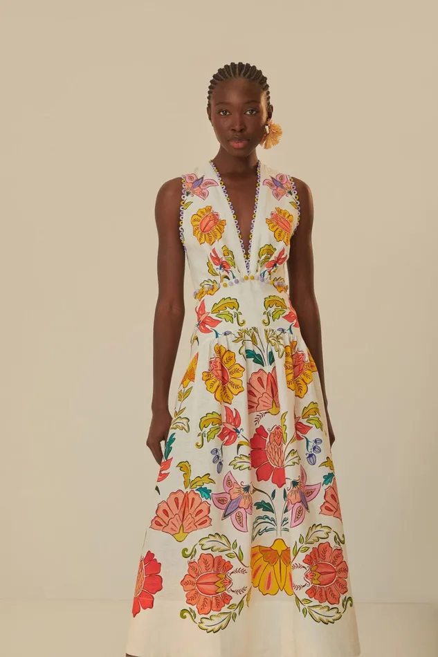 Women OffWhite Floral Insects Euroflax Premium Linen Maxi Dress Floral Insects Offwhite FARM Rio Maxi Dresses