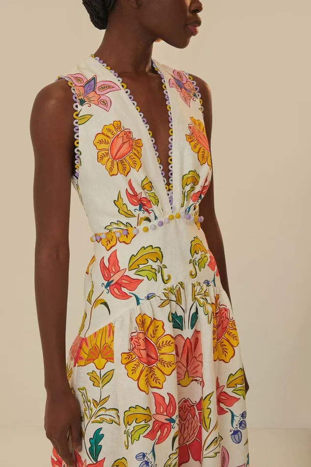 Women OffWhite Floral Insects Euroflax Premium Linen Maxi Dress Floral Insects Offwhite FARM Rio Maxi Dresses