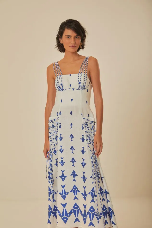 Women OffWhite Graphic Fishes Euroflax Premium Linen Maxi Dress Graphic Fishes Offwhite FARM Rio Maxi Dresses