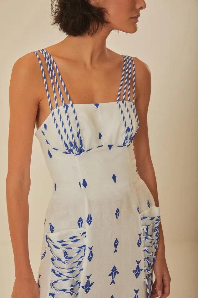 Women OffWhite Graphic Fishes Euroflax Premium Linen Maxi Dress Graphic Fishes Offwhite FARM Rio Maxi Dresses