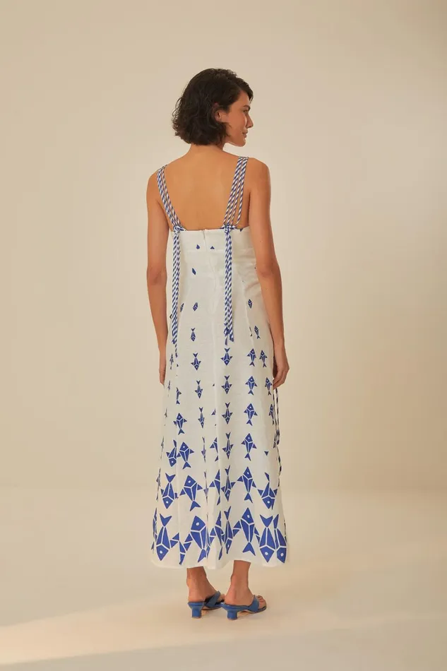 Women OffWhite Graphic Fishes Euroflax Premium Linen Maxi Dress Graphic Fishes Offwhite FARM Rio Maxi Dresses