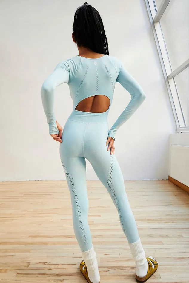 Women OnePieces Free People Good Karma LongSleeve Onesie Bayside Blue