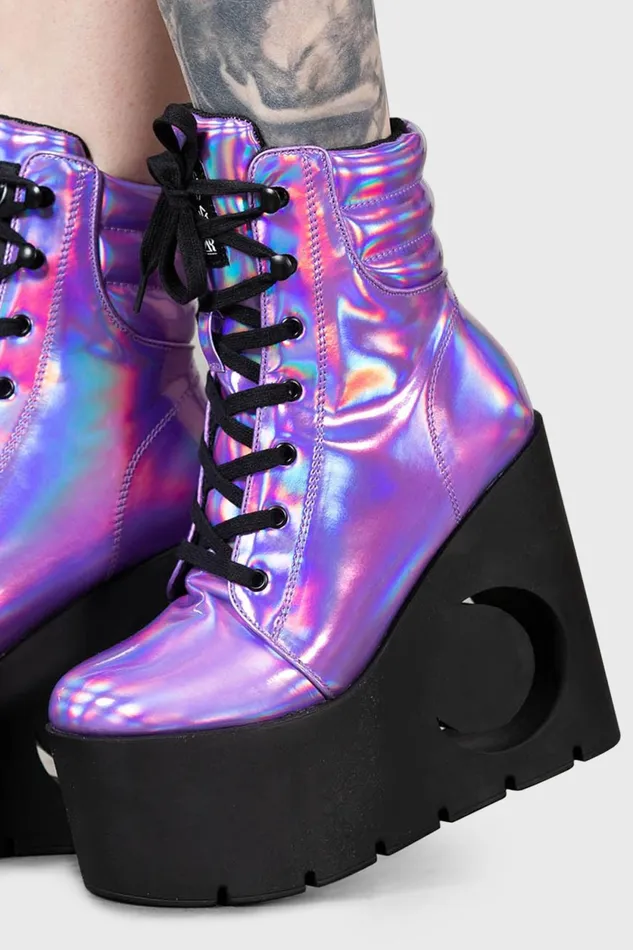 Women Platforms Killstar Diana Crescent Wedge Boots PURPLE HOLOGRAPHIC