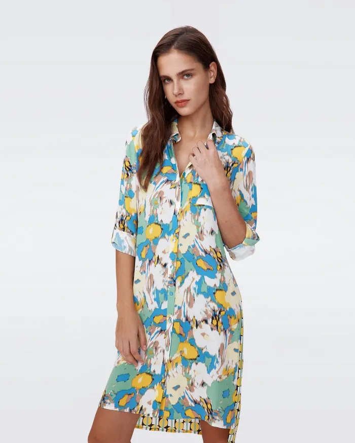 Women Prita Shirt Dress Huge Day Dream Floral Blue And Maypole Yellow DVF Dresses