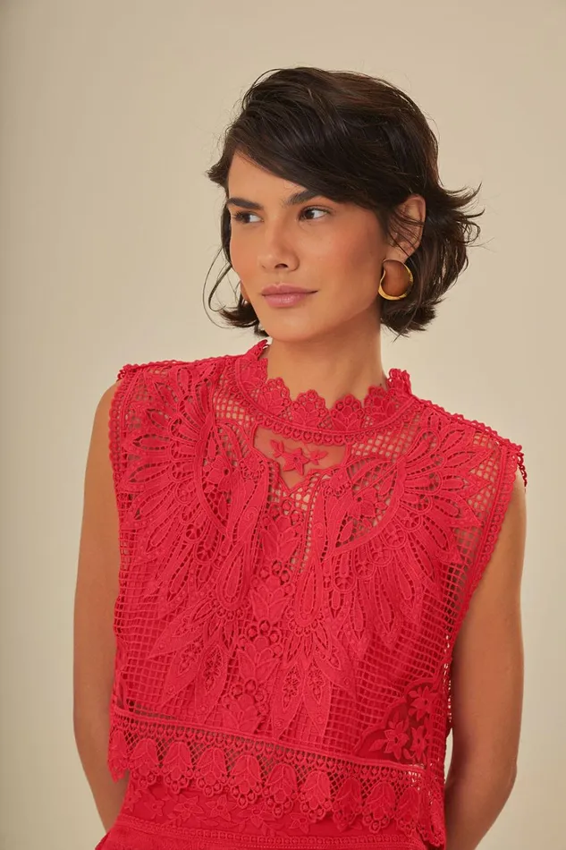 Women Red Toucan Guipure Sleeveless Top Red FARM Rio Crop Tops