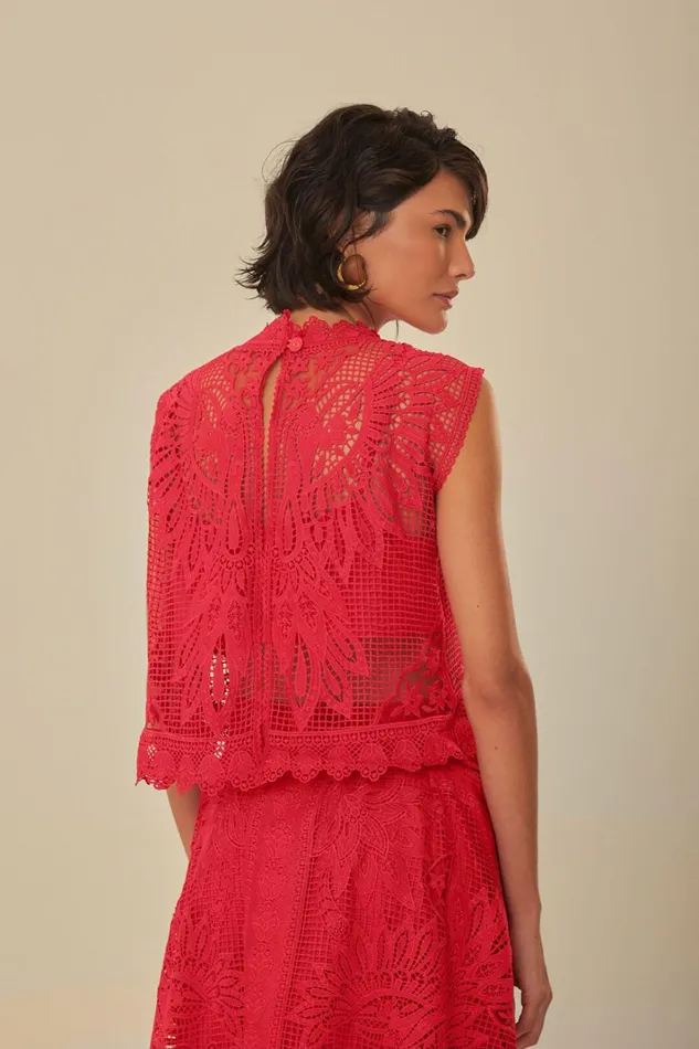 Women Red Toucan Guipure Sleeveless Top Red FARM Rio Crop Tops
