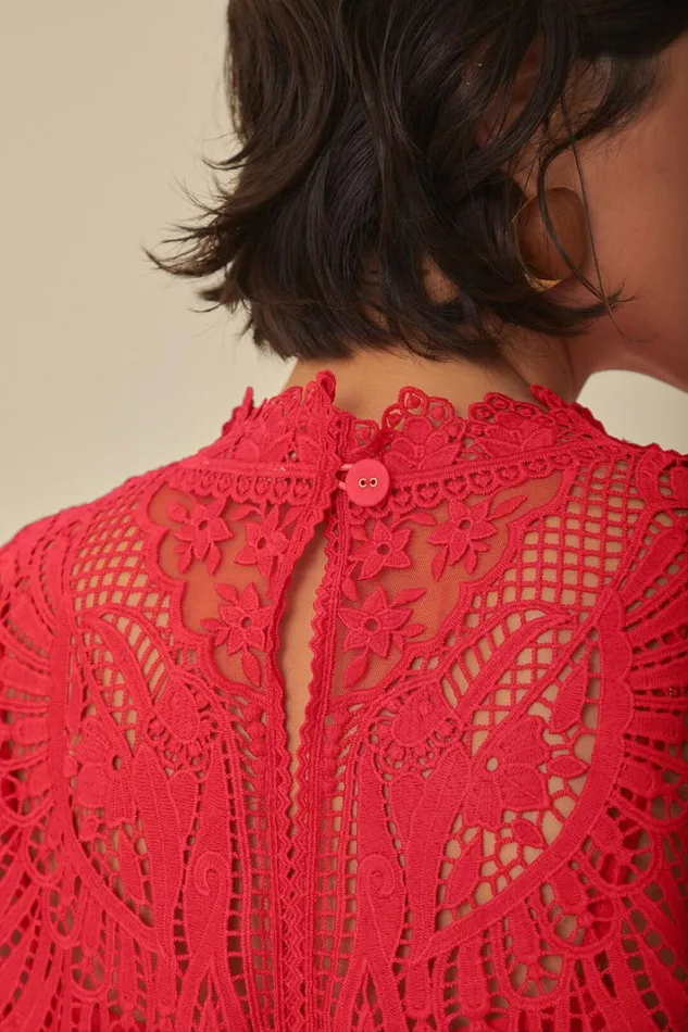 Women Red Toucan Guipure Sleeveless Top Red FARM Rio Crop Tops