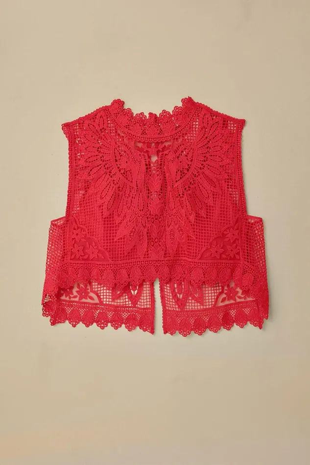 Women Red Toucan Guipure Sleeveless Top Red FARM Rio Crop Tops