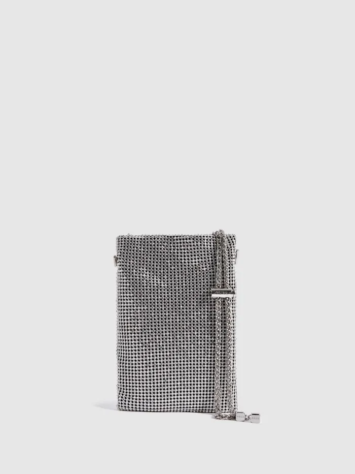 Women Reiss Bags Zuri Embellished Adjustable Strap Phone Pouch Silver