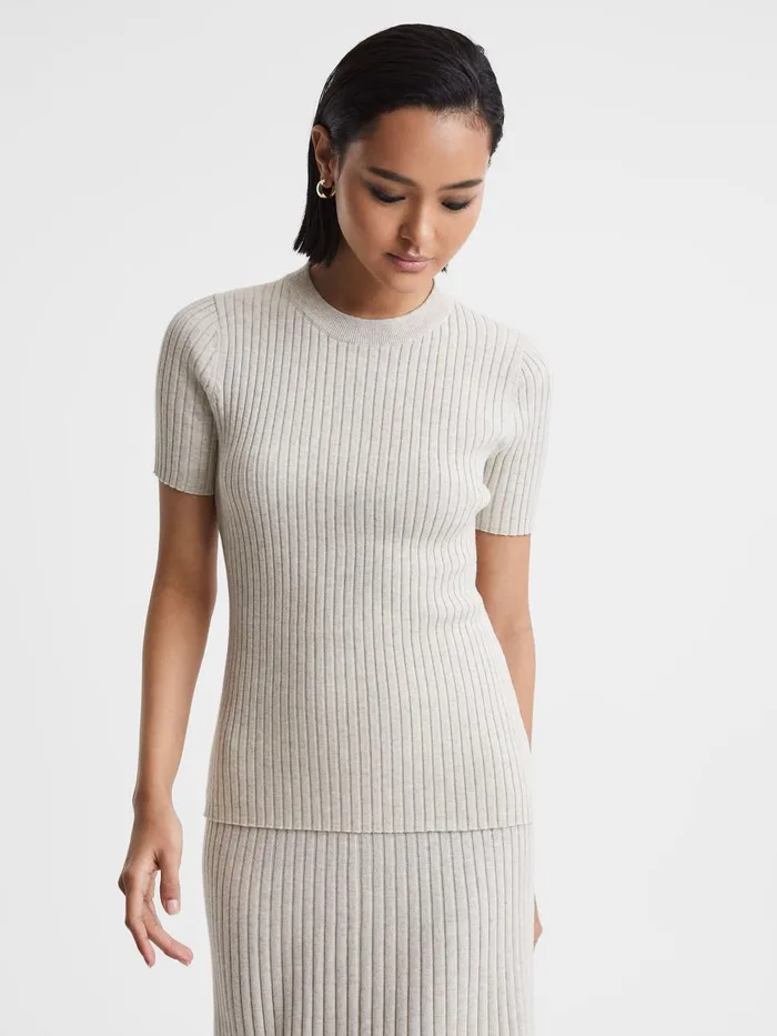 Women Reiss Blouses and Shirts Quan Cotton Ribbed TShirt Ecru