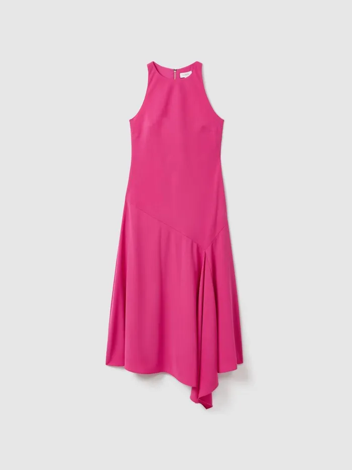 Women Reiss Brands Crepe Asymmetric Midi Dress Deep Pink