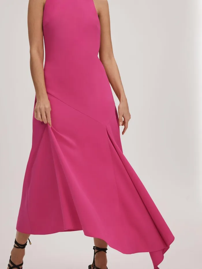 Women Reiss Brands Crepe Asymmetric Midi Dress Deep Pink