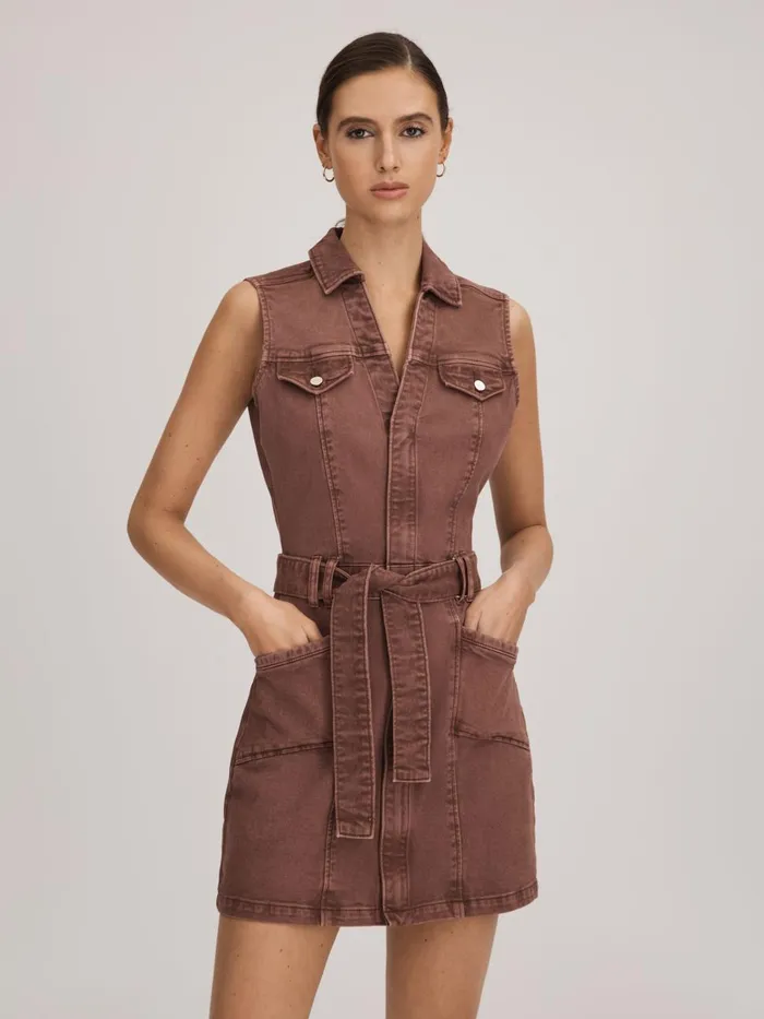 Women Reiss Brands Denim Mini Dress Vintage Brown