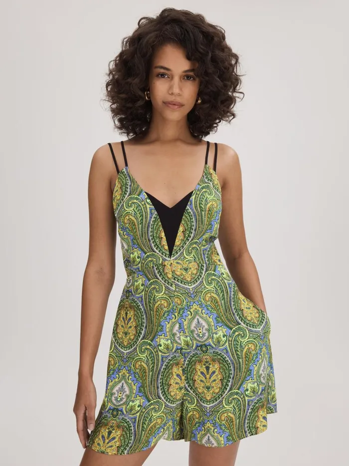 Women Reiss Brands Printed Dual Strap Playsuit Limegreen