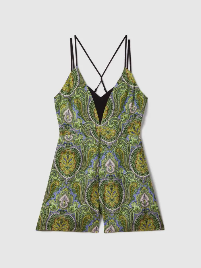 Women Reiss Brands Printed Dual Strap Playsuit Limegreen