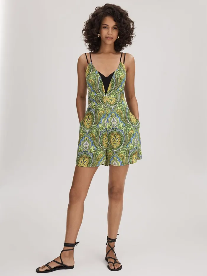 Women Reiss Brands Printed Dual Strap Playsuit Limegreen