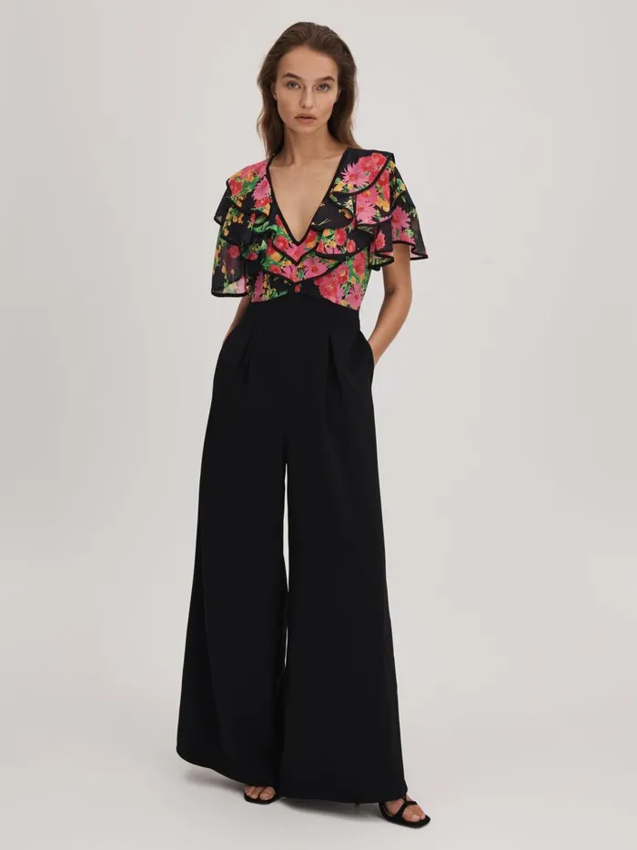 Women Reiss Brands Ruffle Sleeve Jumpsuit Pinkblack
