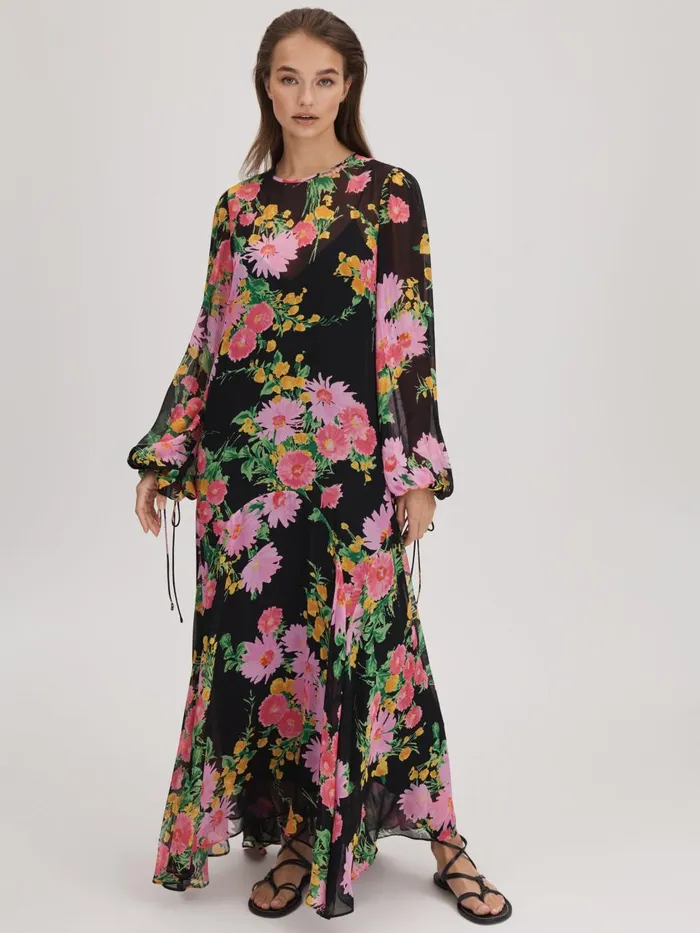 Women Reiss Brands Sheer Asymmetric Midi Dress Pinkblack
