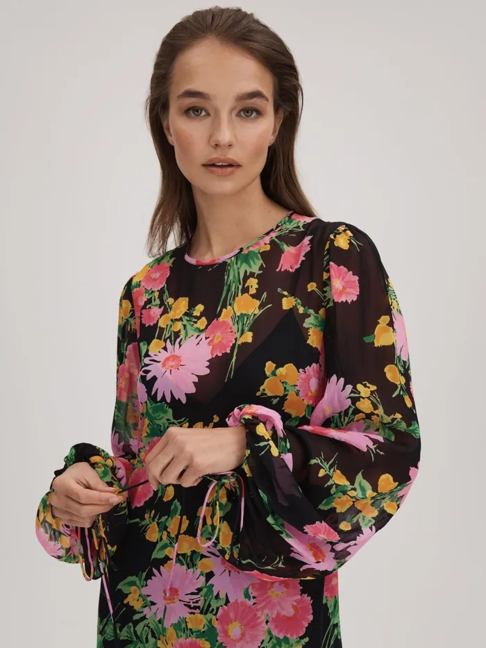 Women Reiss Brands Sheer Asymmetric Midi Dress Pinkblack