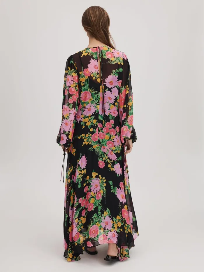 Women Reiss Brands Sheer Asymmetric Midi Dress Pinkblack