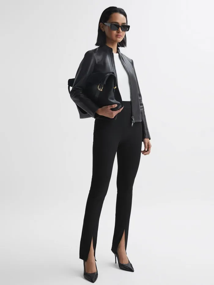 Women Reiss Coats Allie Leather Collarless Biker Jacket Black