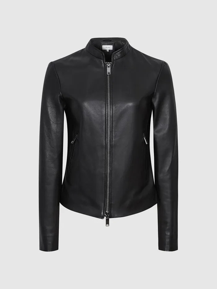 Women Reiss Coats Allie Leather Collarless Biker Jacket Black