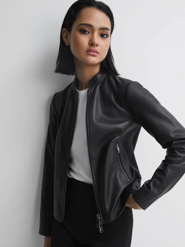 Women Reiss Coats Allie Leather Collarless Biker Jacket Black