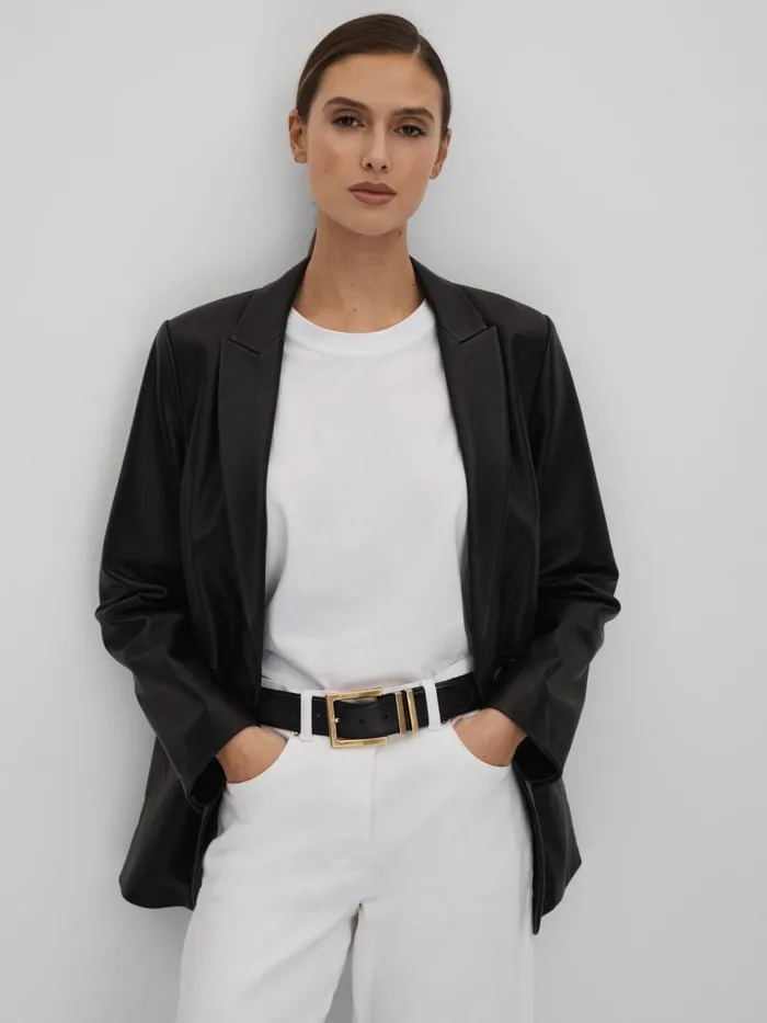 Women Reiss Coats Bailey Leather Single Breasted Blazer Black