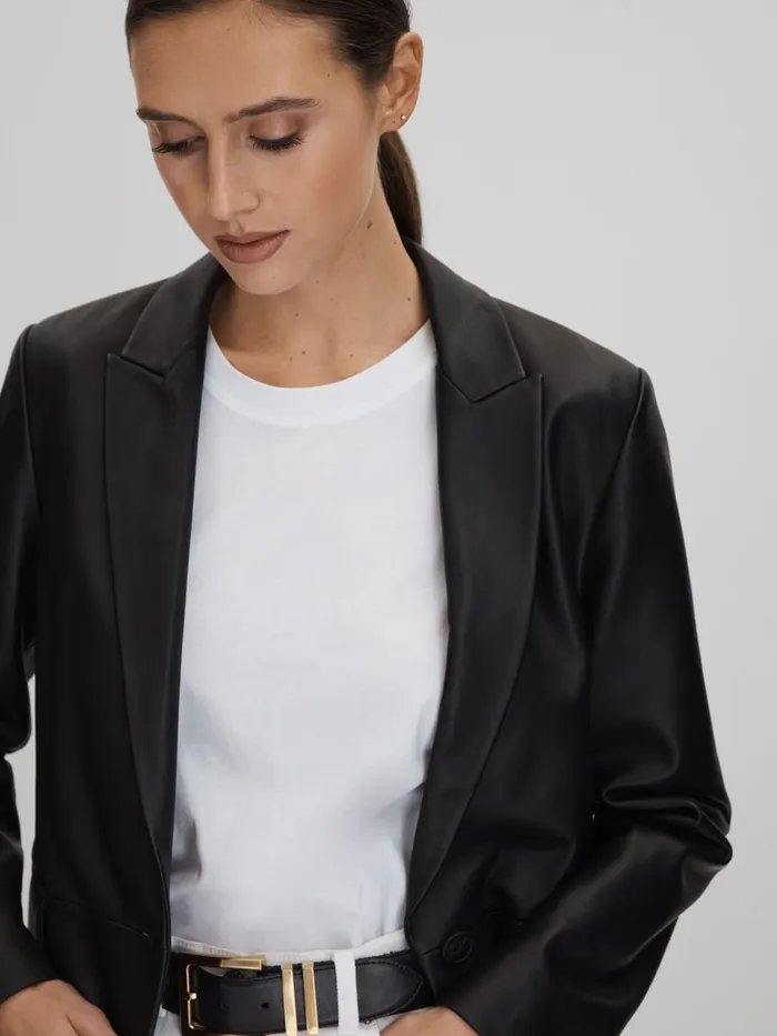 Women Reiss Coats Bailey Leather Single Breasted Blazer Black