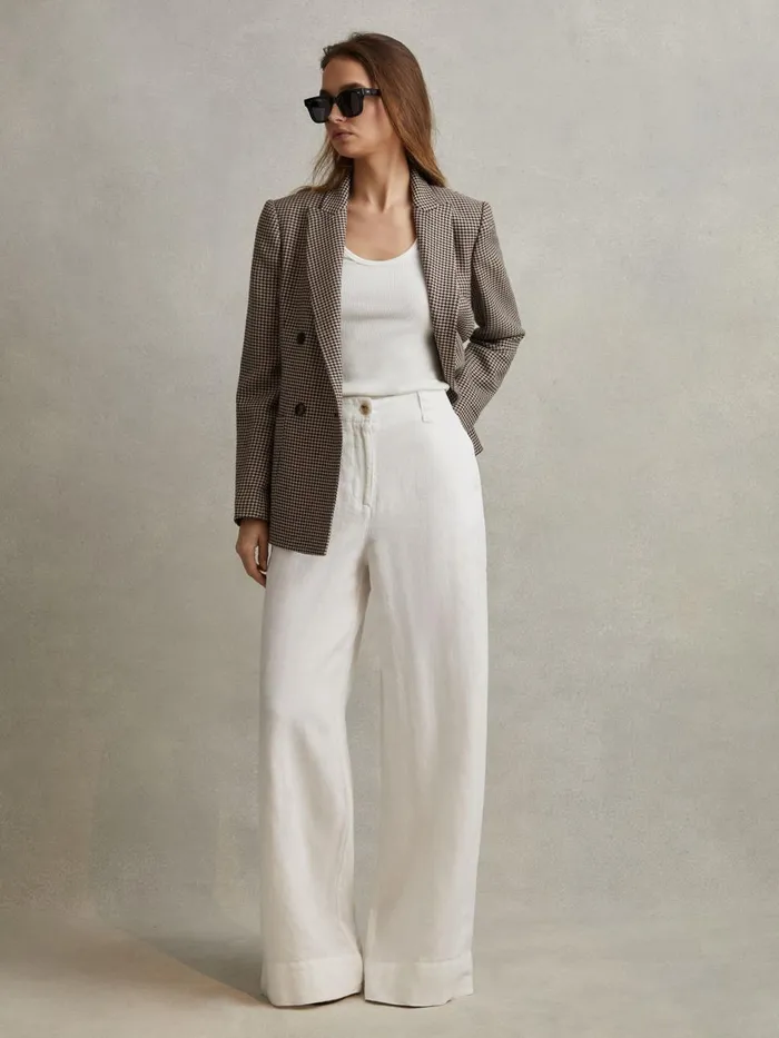 Women Reiss Coats Ella Wool Blend Double Breasted Dogtooth Blazer Blackcamel
