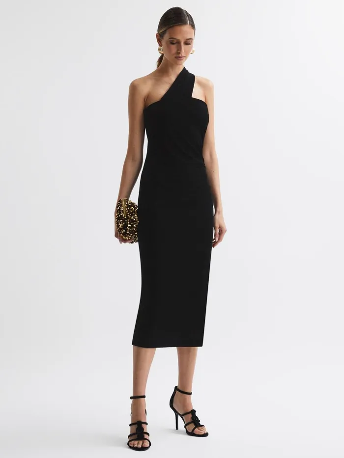 Women Reiss Dresses Abbey Velvet OneShoulder Midi Dress Black