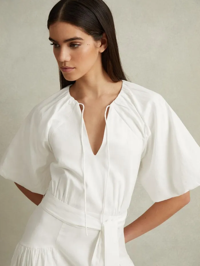 Women Reiss Dresses Alice Lyocell Blend Puff Sleeve Midi Dress White