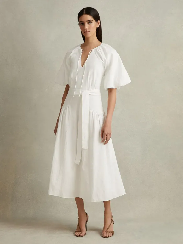 Women Reiss Dresses Alice Lyocell Blend Puff Sleeve Midi Dress White