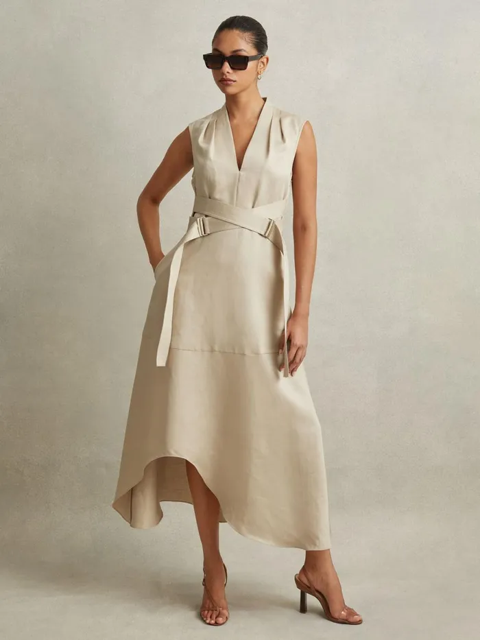 Women Reiss Dresses Ava Linen Lyocell Strappy Midi Dress Neutral