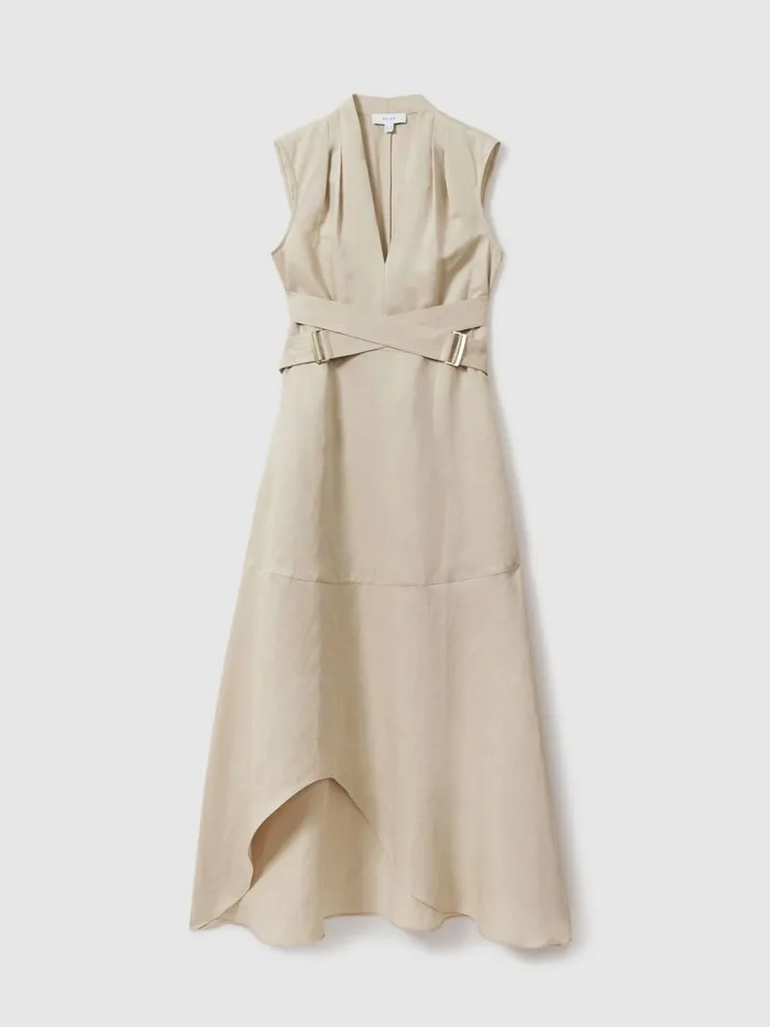 Women Reiss Dresses Ava Linen Lyocell Strappy Midi Dress Neutral