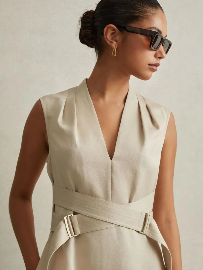 Women Reiss Dresses Ava Linen Lyocell Strappy Midi Dress Neutral