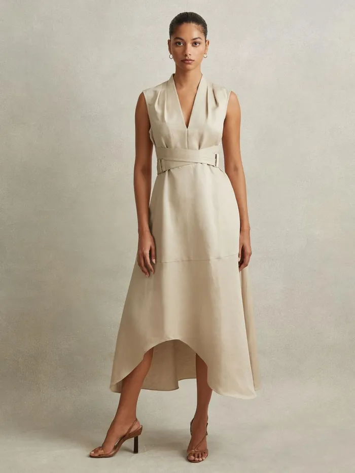 Women Reiss Dresses Ava Linen Lyocell Strappy Midi Dress Neutral