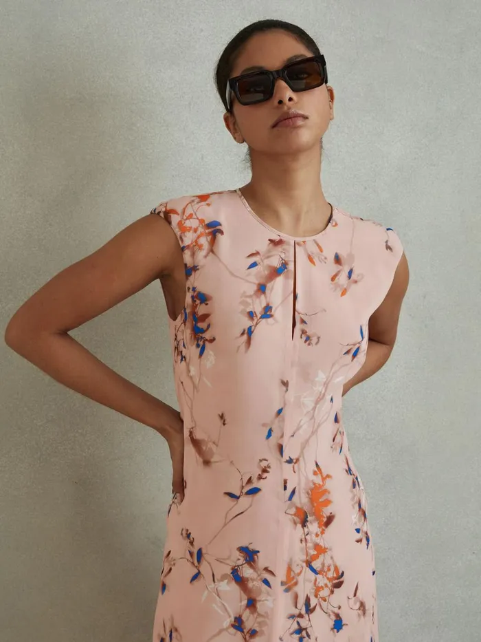 Women Reiss Dresses Becci Printed Open Back Midi Dress Blush